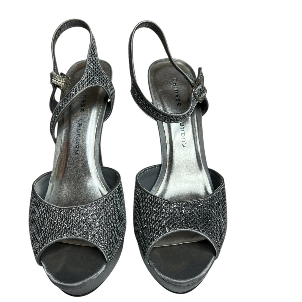 Chinese Laundry Silver Glitter Hide Out Platform Stiletto Heels 9